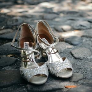 Badgley Mischka crystal-embellished satin sandal.